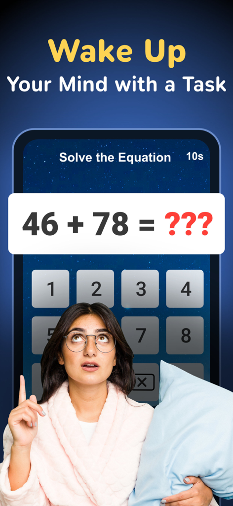 Alarm Clock ◎ - バスローブ姿の若い女性が、目覚まし時計アプリの画面に表示された数学パズルを見ながら、枕を抱えている。