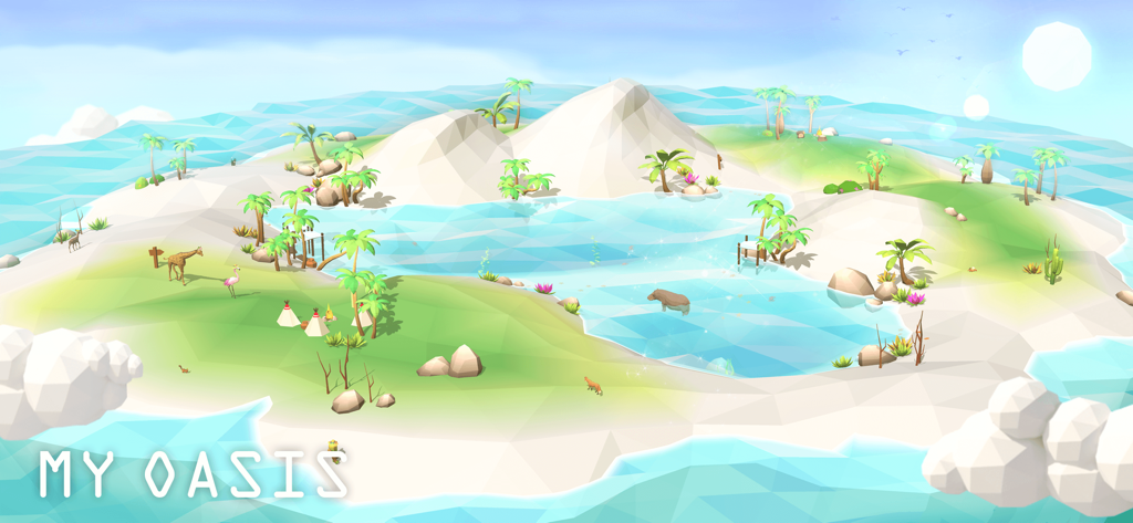 A serene low poly floating island with animals and palm trees from the My Oasis anxiety relief game