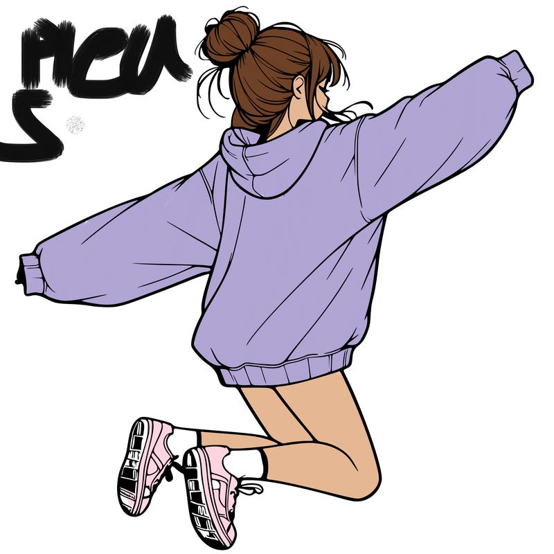 realistic girl jumping with a bun and oversized sweatshirt