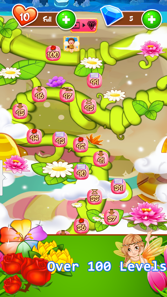 Blossom Garden - Free Flower Blast Match 3 Puzzle - Mapa de níveis do puzzle match 3 de flores Blossom Garden mostrando mais de 100 níveis