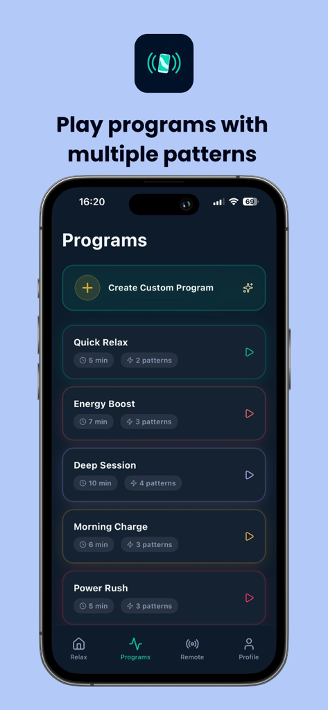 Tela do aplicativo MeTime Vibrator exibindo uma lista de programas de vibração personalizáveis com um tema escuro moderno