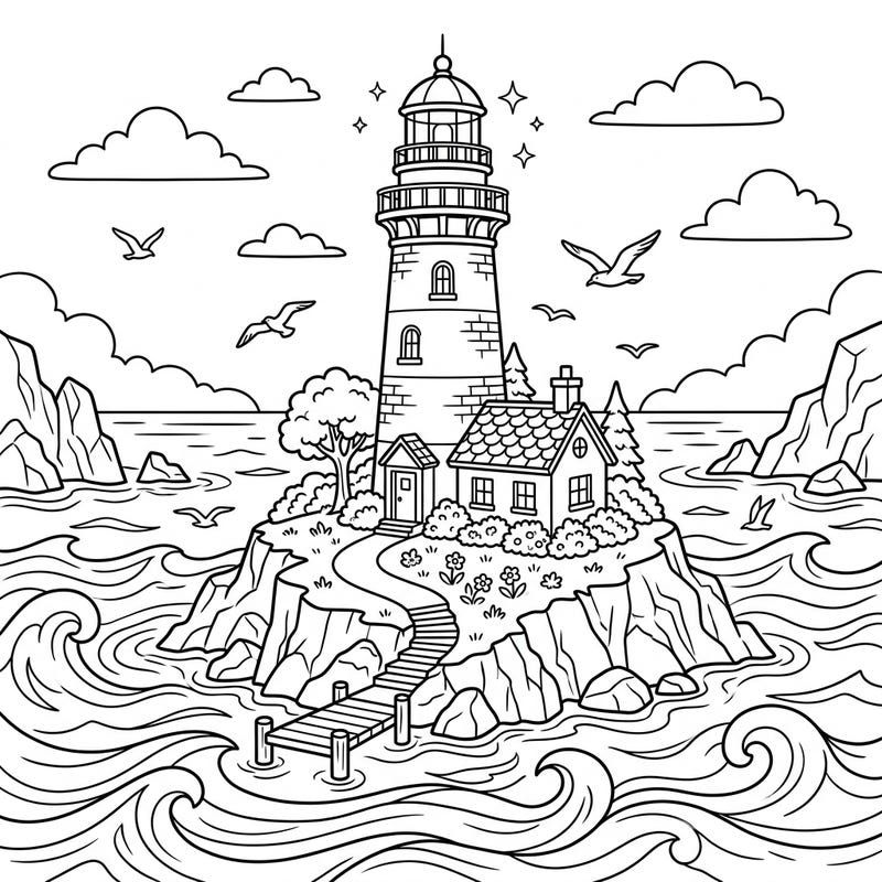 Discover a peaceful escape with our island lighthouse coloring page, specifically designed for seniors. Its large print and clear, inviting outlines provide an accessible and wonderfully relaxing artistic experience.