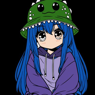 girl with anime shaped eyes with a dinosaur bucket hat oversized sweatshirt long straight hair