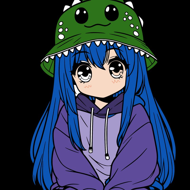 girl with anime shaped eyes with a dinosaur bucket hat oversized sweatshirt long straight hair