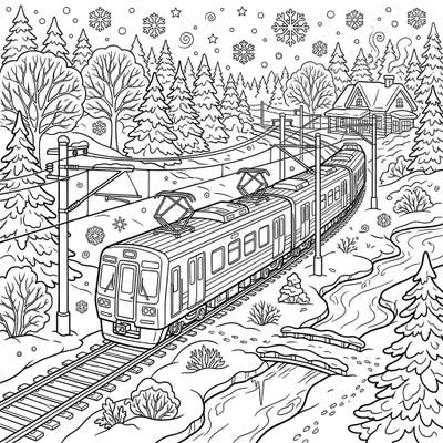 All aboard for a frosty adventure! This captivating coloring page features an electric train winding through a serene winter wonderland, filled with snow-laden trees and twinkling snowflakes.