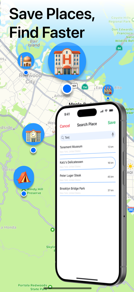 Phone Tracker by Number aрp - カスタムアイコンを使用して場所を検索および保存するインターフェースが表示されているスマートフォン。「電話番号で追跡」アプリ。