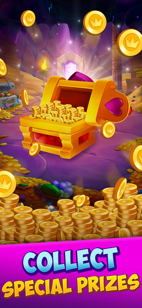 A golden treasure chest filled with gold coins and the text collect special prizes