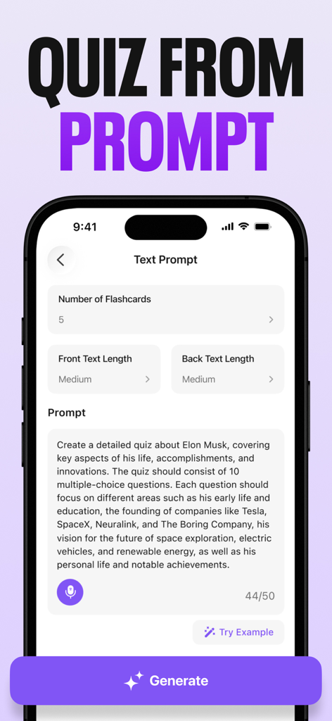 AI Quiz Maker : AI Flashcards - AI Quiz Maker app screen showing the interface to generate a quiz from a text prompt with settings for flashcard count and text length