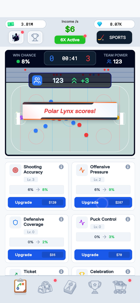Sport Star - Team Manager Idle - A hockey match simulation screen in Sport Star showing team stats and skill upgrades like shooting accuracy and offensive pressure.