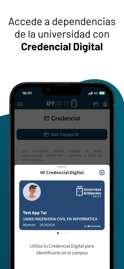 AppTUI UV Digital - Pantalla de smartphone que muestra la credencial digital de estudiante de la Universidad de Valparaíso