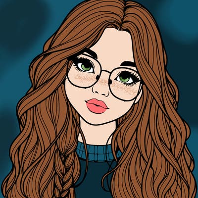girl with long hair and freckles and glasses realistic