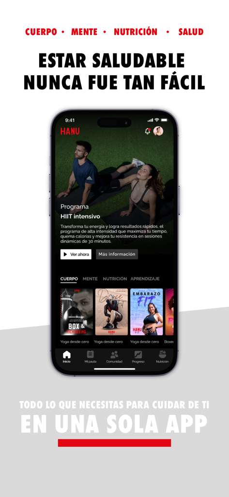 HANU Fit - IPhone screen displaying the HANU Fit app interface with categories for body mind nutrition and health in Spanish