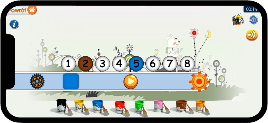 Kreatywny Brzdąc 01 - Educational app interface for children featuring numbered circles and paint buckets to learn colors