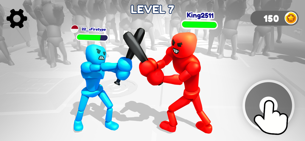 Ragdoll Stick Fighter: Bash - Blue and red stickman characters fighting with bats in a ragdoll physics battle