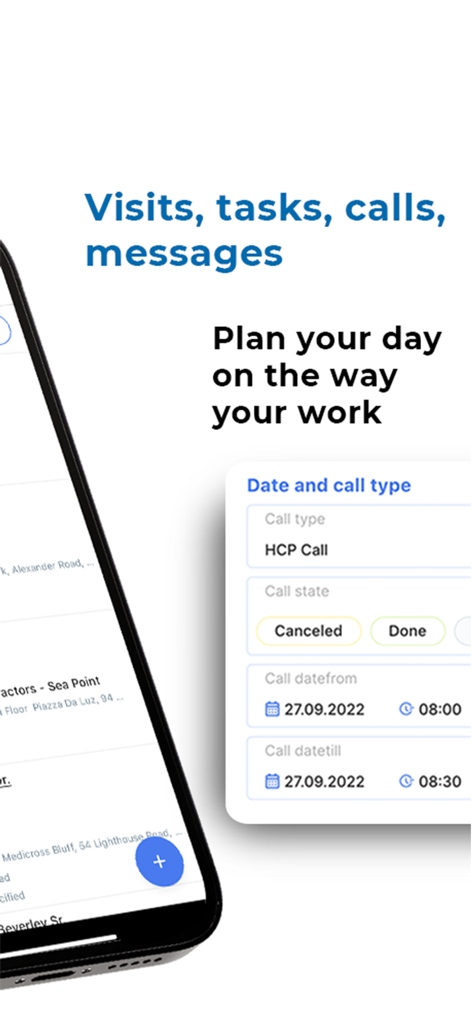 Interface of Proxima Cloud CRM showing an HCP call schedule with status and time details.