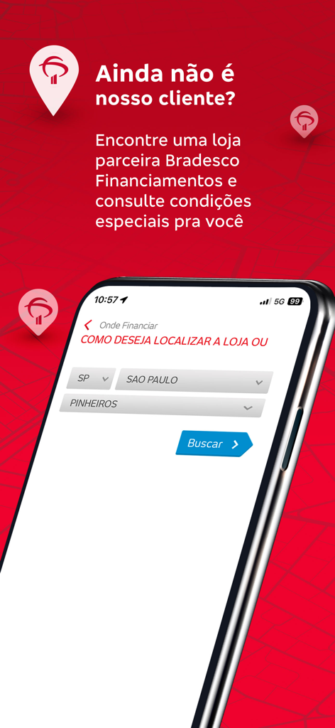 Bradesco Financiamentos - パートナー拠点の店舗検索を表示するBradesco Financiamentosアプリのインターフェース
