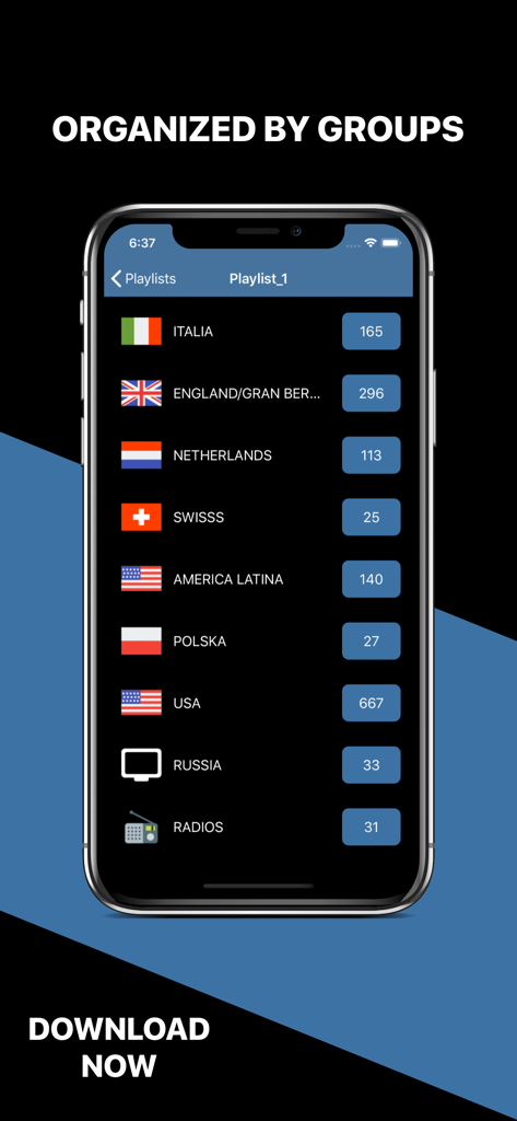Mega IPTV - m3u Player - Mega IPTV app interface showing tv channels organized by country and category groups