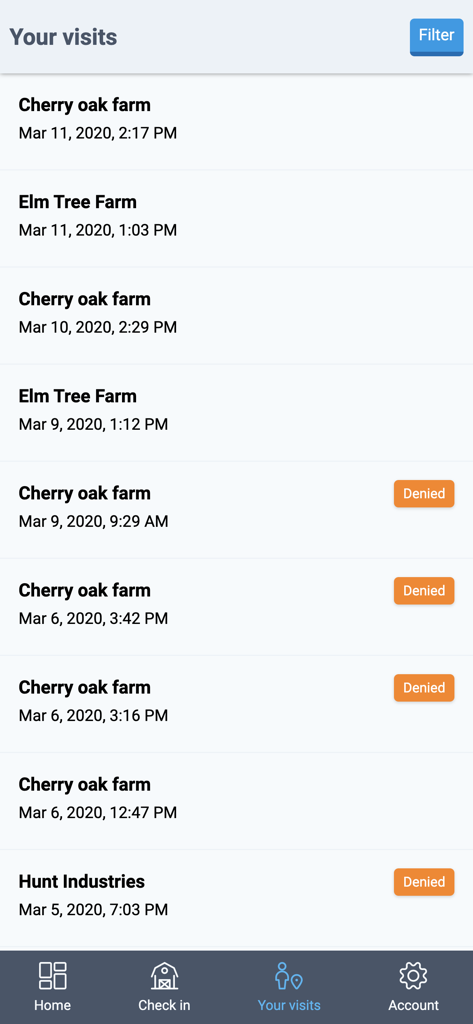 Farm Health Guardian app visit history screen showing farm names and access status