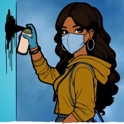 realistic girl with mask spray painting a wall