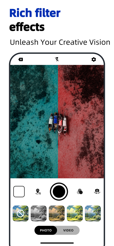 Ein Smartphone-Bildschirm mit reichhaltigen Filtereffekten für die Foto- und Videobearbeitung.