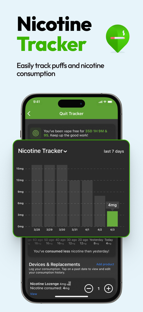 Quit Vaping - Ecrã de um smartphone exibindo um gráfico de barras que rastreia o consumo diário de nicotina na app Deixe o Vaping.