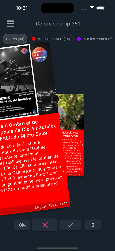 AFCNews mobile app interface showing a card-based news feed with a featured article about a cinematography exhibition