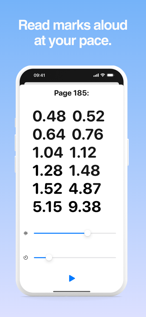 Book Art Pattern Maker - A smartphone screen showing a list of numerical measurements for page folding with an audio player to read them aloud.