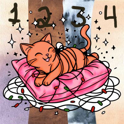 a cat happily tangled in glowing lights, lounging on a big cushion, clean lines, simple design, uncomplicated, tatoo desing