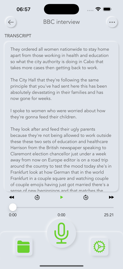 A transcription of a BBC interview displayed within the Talk Notes mobile app interface.