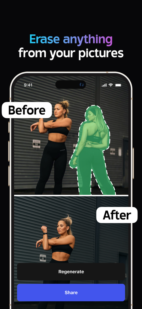 Vorher-Nachher-Vergleich, der zeigt, wie man mit einem KI-Generator eine Person aus einem Foto löscht