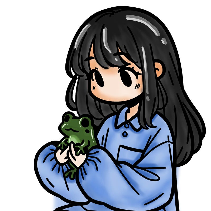 girl with long hair and a oversized shirt. and she is holding a frog