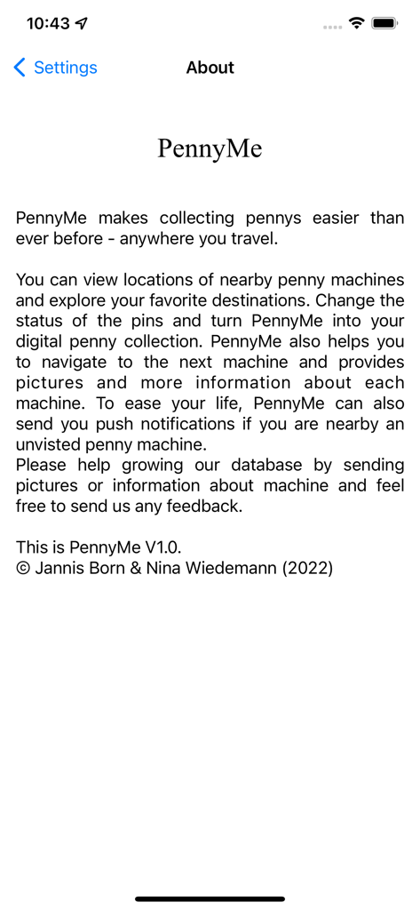PennyLocator - The About page of the PennyMe app providing an overview of its pressed penny collection and navigation features.