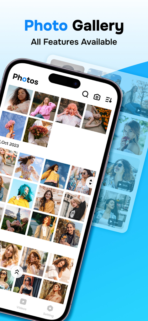 Gallery: Hide Photo Vault - Interfaz de usuario de la aplicación Galería Ocultar Bóveda mostrando una cuadrícula de fotos en la pantalla de un smartphone.