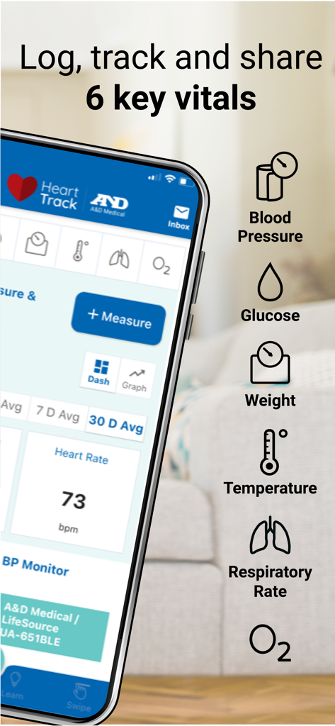 A&D Heart Track - A and D Heart Track app interface on a smartphone showing tracking for blood pressure and glucose
