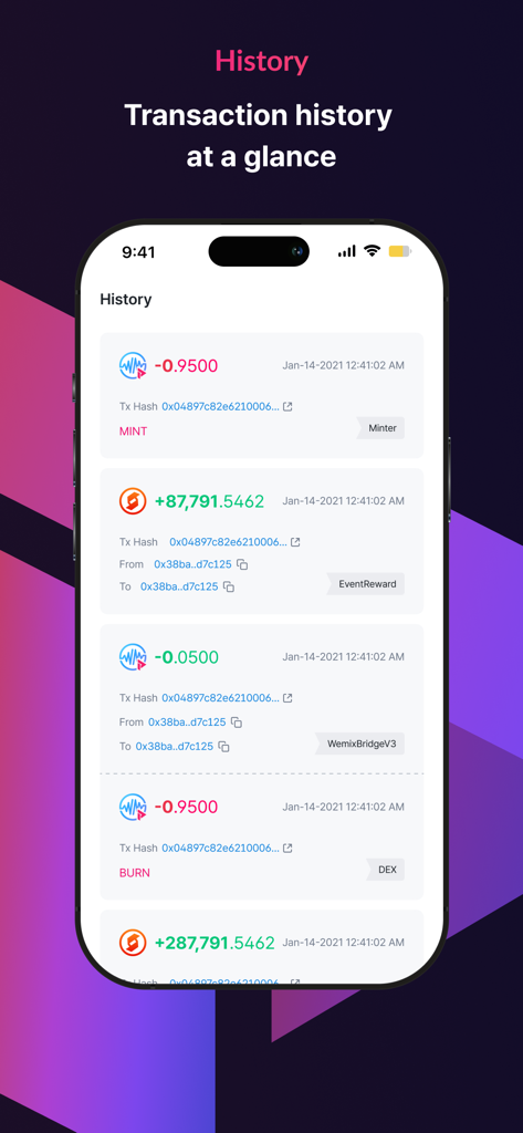Ein Smartphone-Bildschirm, der die Transaktionshistorie in der PLAY Wallet-App anzeigt, mit Token-Beträgen, Daten und Transaktionstypen wie Mint und Burn.