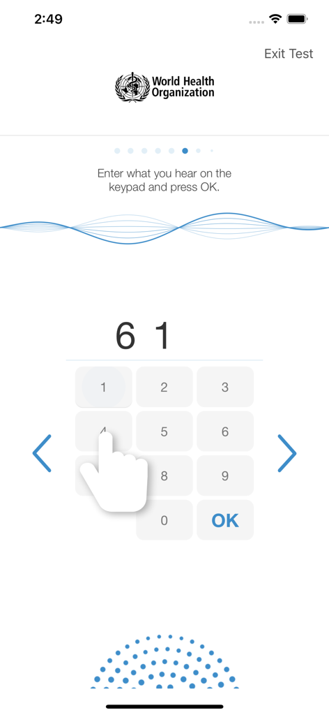 hearWHO - Check your hearing! - Interface of the hearWHO app showing a numeric keypad for users to enter digits heard during a hearing test