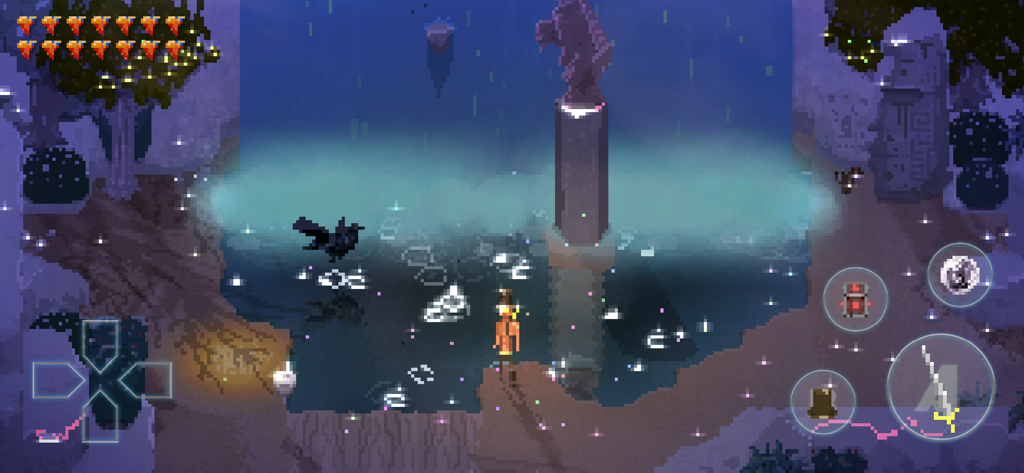 A pixel art gameplay screenshot of Songbringer showing the character Roq exploring a mystical dungeon environment near a pool of water.