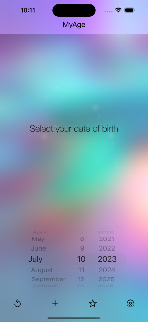 Bildschirm zur Auswahl des Geburtsdatums in der myAge-App mit minimalistischem Design und farbigem Hintergrund