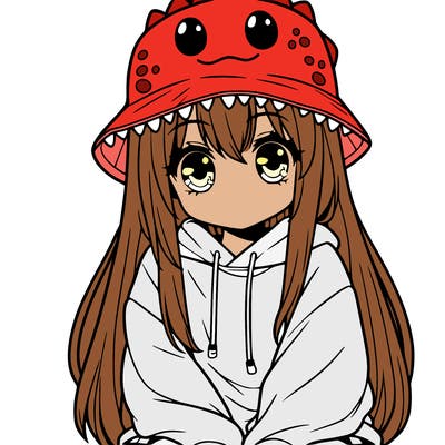 girl with anime shaped eyes with a dinosaur bucket hat oversized sweatshirt long straight hair