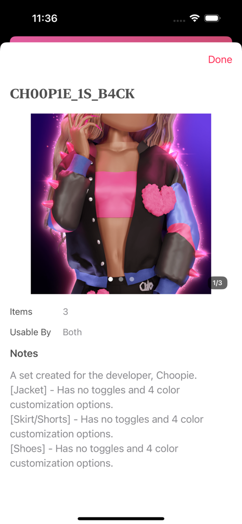 Mobile app screen showing details and items for a Dress to Impress outfit code
