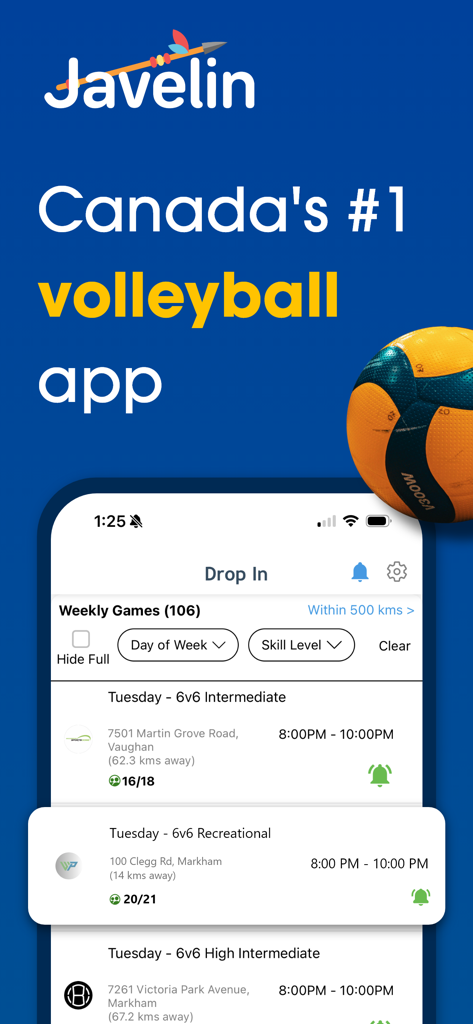 Smartphone screen displaying the Javelin app with available volleyball games and skill levels in Canada.