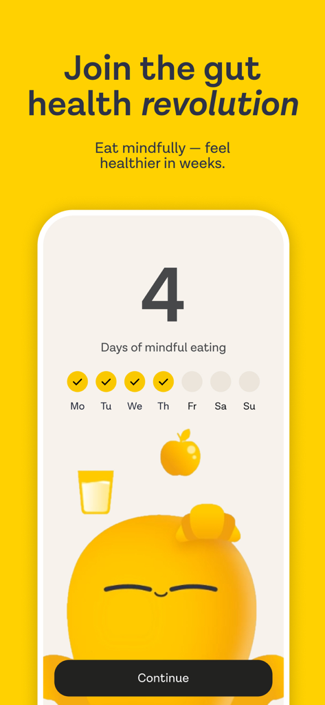 ZOE Health app screen showing a four day mindful eating streak and gut health revolution message