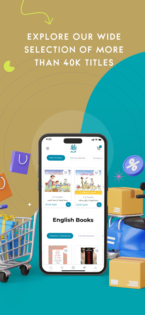 Alifstores - Interfaz de la aplicación móvil Alifstores mostrando una amplia selección de libros y categorías de compras.