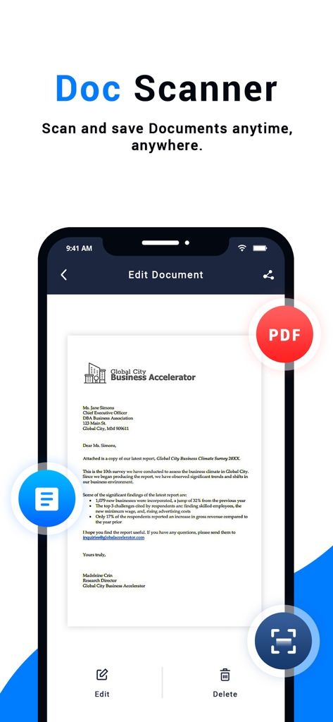 Doc Scanner- PDF Document Scan - Un smartphone mostrando un documento comercial escaneado dentro de la interfaz de la aplicación móvil Doc Scanner