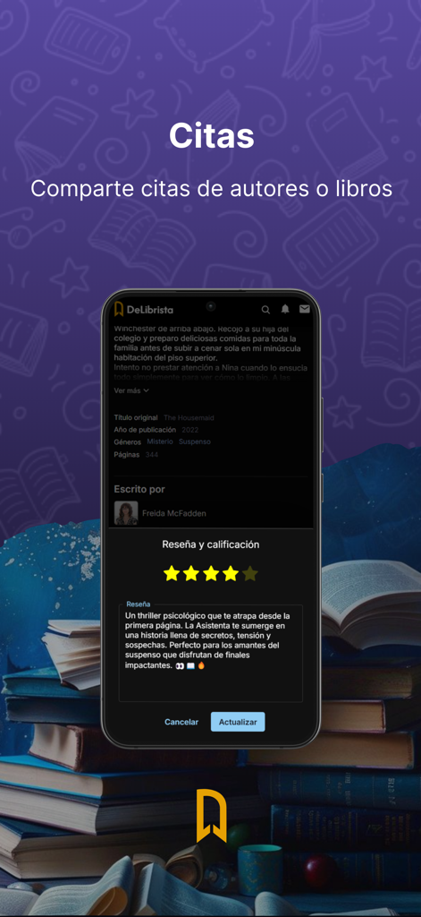 DeLibrista - DeLibrista mobile app screen displaying book quotes and user reviews in Spanish