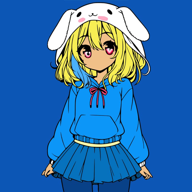 pretty anime girl wearing a fluffy hoodie with bunny ears on the hood and a skirt