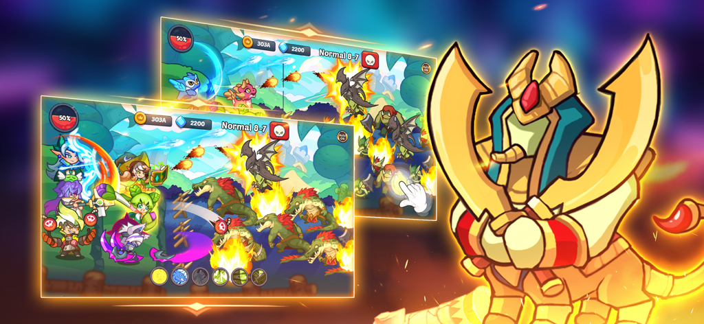 A group of fantasy heroes fighting waves of monsters in an auto-battle stage of Kingdom Defender Idle RPG