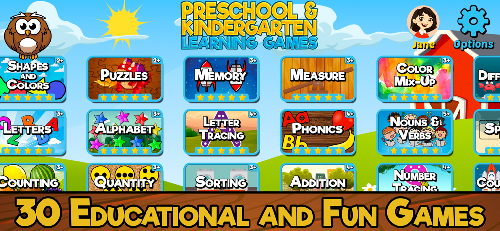 Preschool & Kindergarten (SE) - Menú principal de una aplicación educativa para niños que presenta íconos para 30 juegos de aprendizaje diferentes, incluyendo matemáticas, letras y fonética.