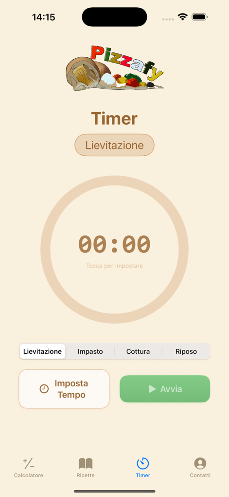 La interfaz del temporizador de la aplicación Pizzafy que muestra las etapas de levado y cocción de la masa.