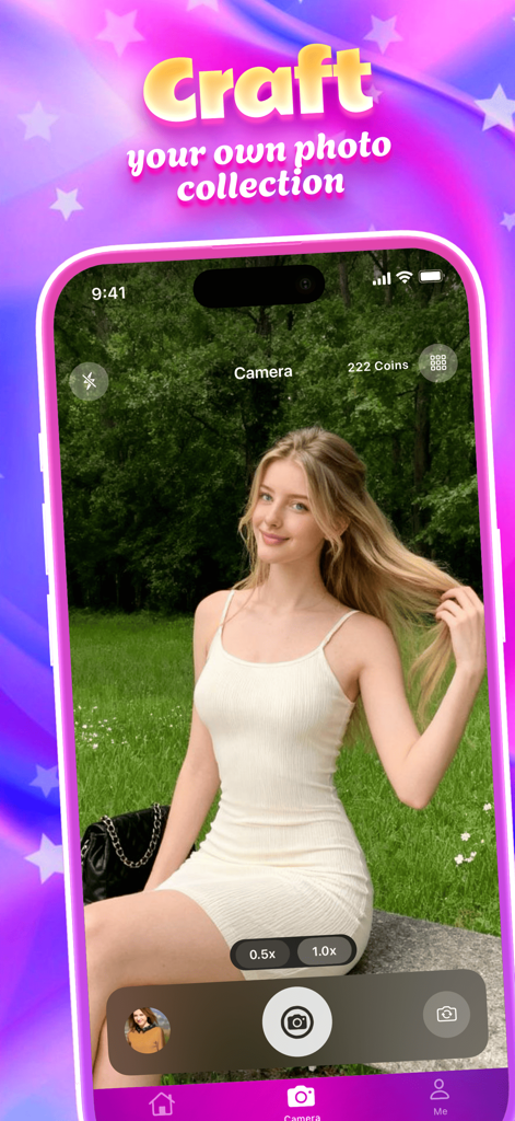 Bovan - Share Your Vision - Bovanアプリのカメラインターフェース。「独自の写真コレクションを作成する」というテキストが表示された、ポートレート写真のキャプチャが表示されています。